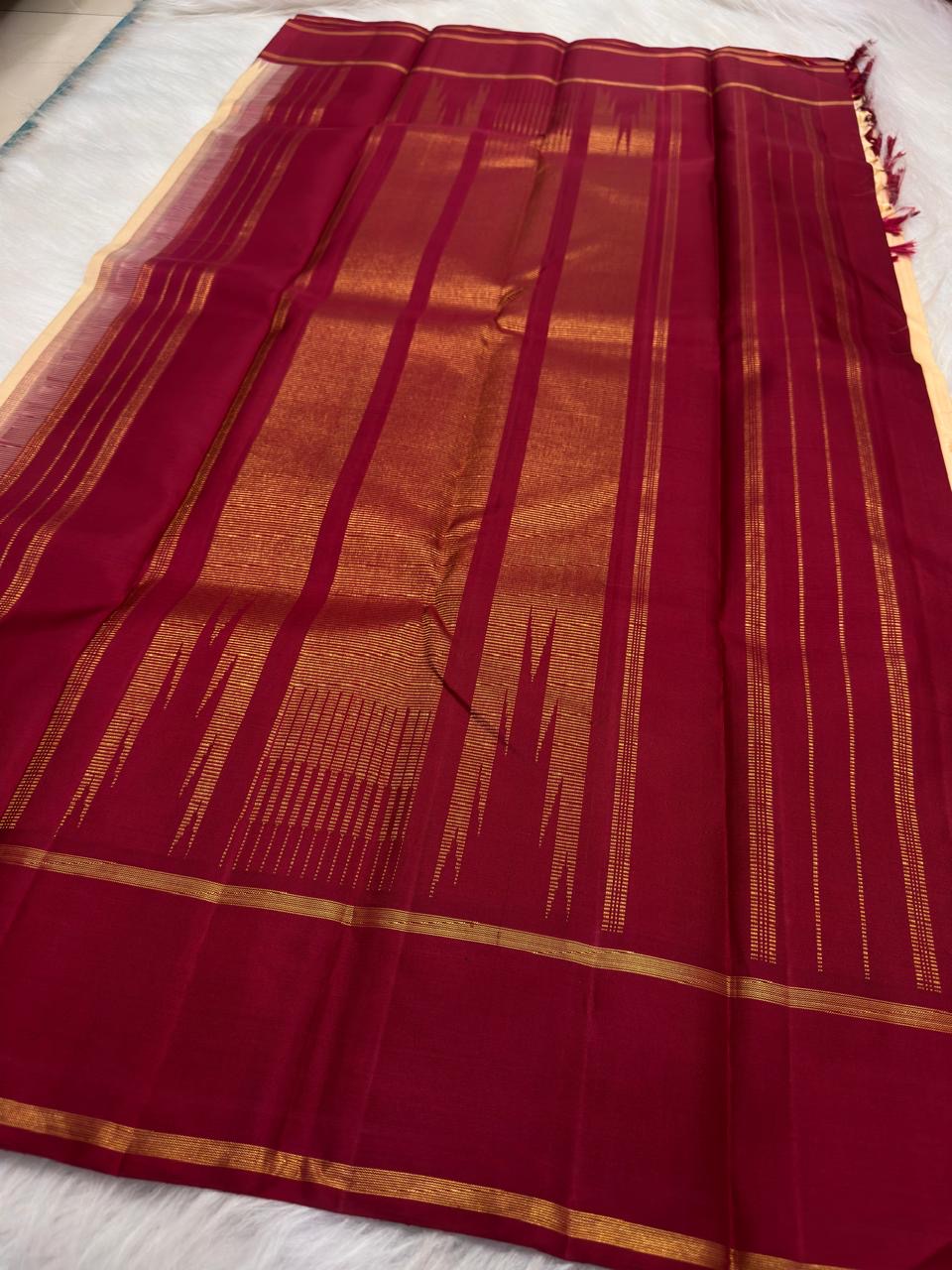 Sandalwood-beige pure silk Kanchi Pattu Korvai saree, folded view — Idam Living