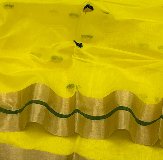 Sunshine Yellow Green-Edged Mercerized Silk Chanderi Saree, pallu and weave detail