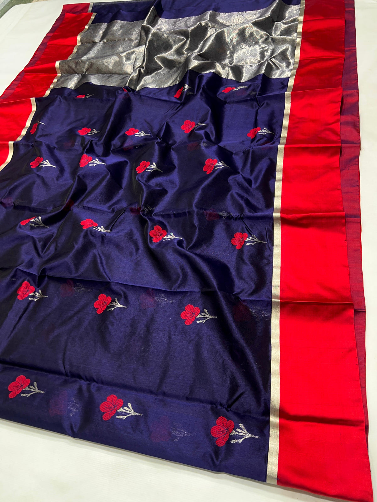 Blue Pattu Silk Chanderi saree with vivid red border