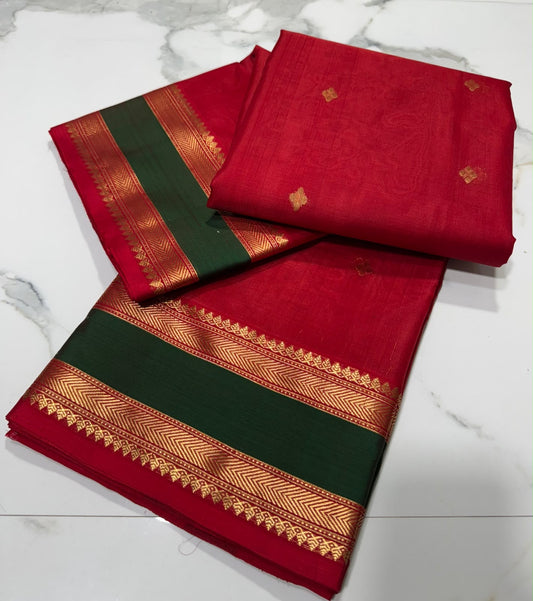 Crimson red handloom Chanderi silk saree with small gold buttas and a forest green gold border
