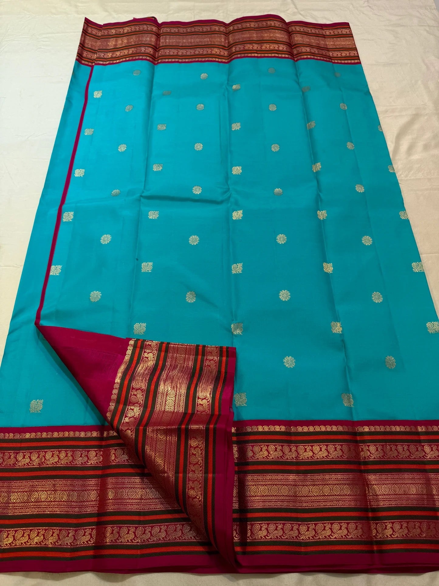 Turquoise Handwoven Pure Silk Kanchipuram Saree with Maroon Varisaipet Border