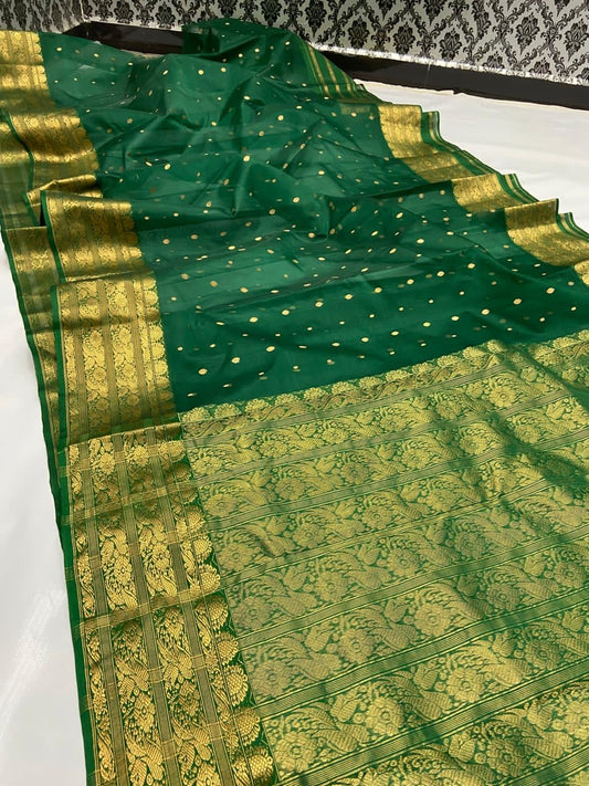 Green Pure Silk Chanderi Saree draped view with Gold Zari Butta Border