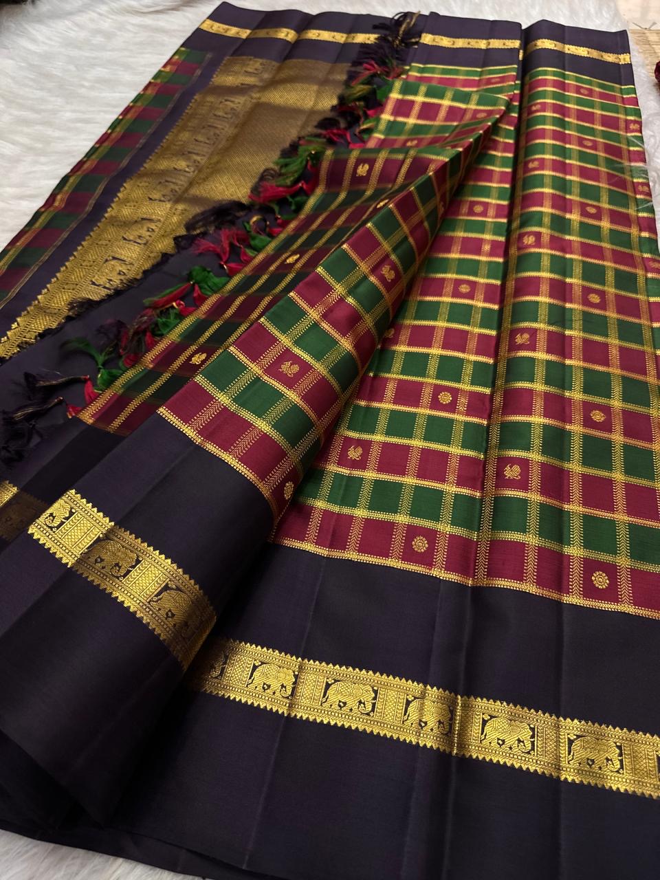 Vermilion and green square silk colour fields on a pure silk Paalum Pazhamum saree