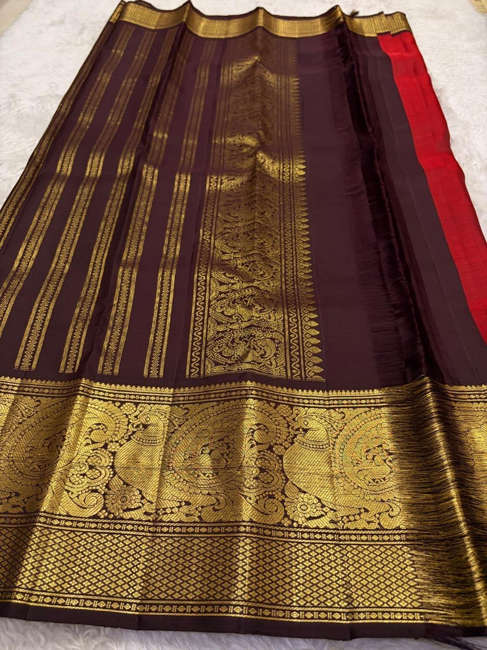 Vermilion Red Handwoven Pure Silk Kanjivaram Saree with Gold Buttas and Deep Brown Peacock Zari Border