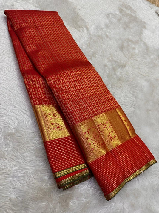 Vermilion Red Handwoven Pure Silk Kanchipuram Saree with Gaja Elephant Border