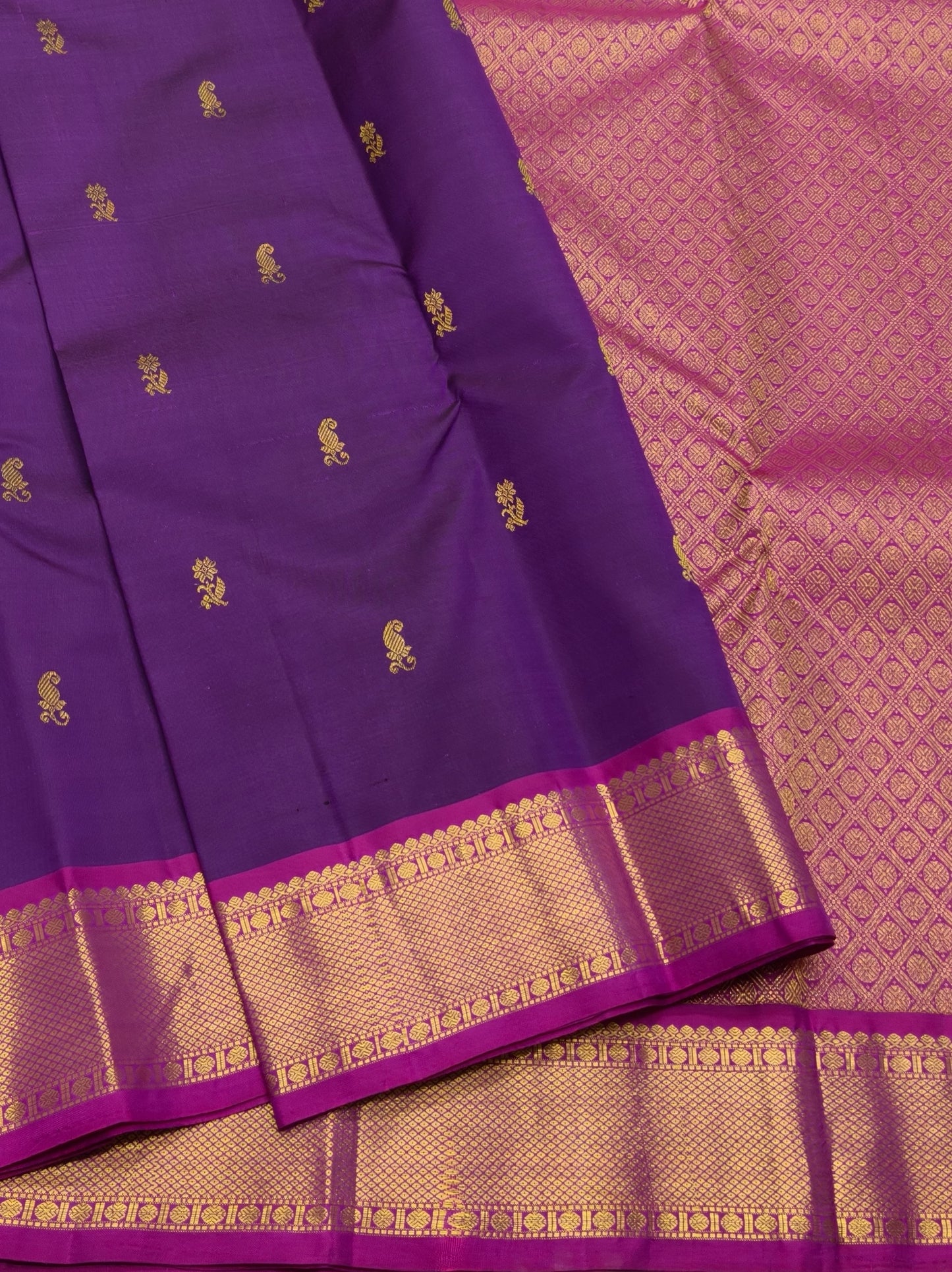 Violet Kancheepuram silk saree with Korvai weave and magenta pallu gold zari — Idam Living