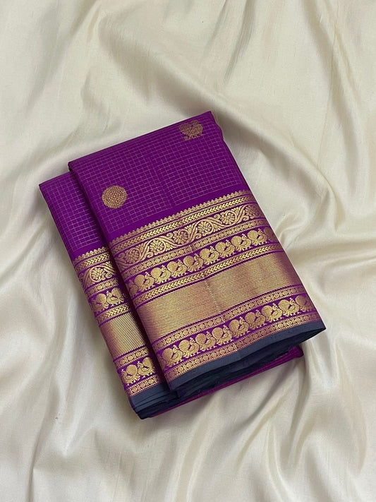 Violet Handwoven Pure Silk Kancheepuram Saree with Zari Kattam Body and Kamalam Butta Varisaipet Border