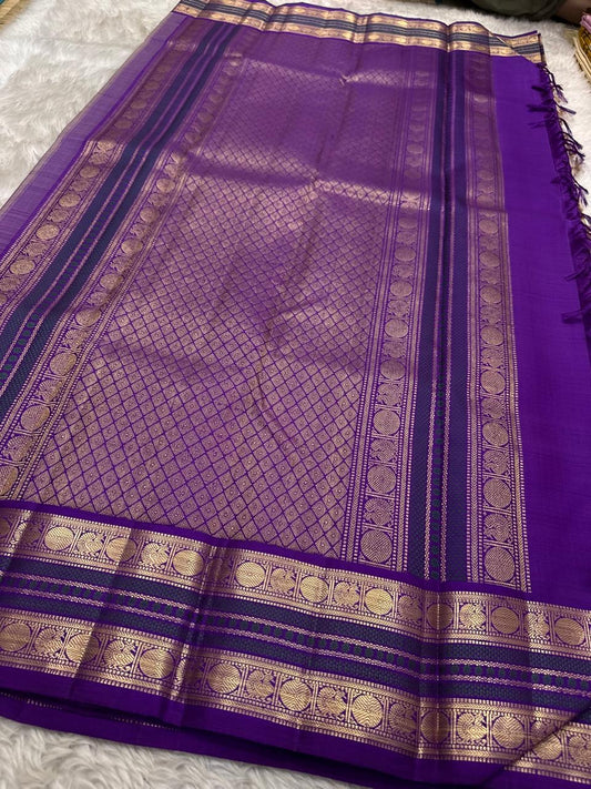 Warm beige pure silk Kanchipuram saree with regal violet korvai border – drape view