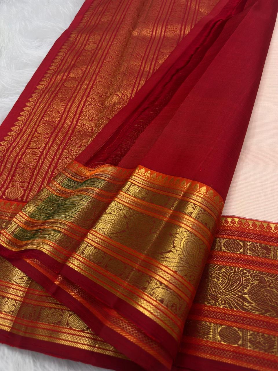 Warm Ivory Pure Silk Kanchipuram Saree — full saree overview, Vairaoosi body with Korvai peacock vine border — Idam Living