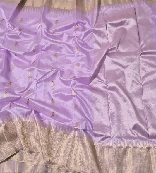 Wisteria lavender handwoven Pattu Silk Chanderi saree with parrot buttas