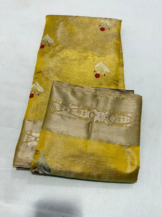 yellow pure silk chanderi saree folded view with fine zari edges