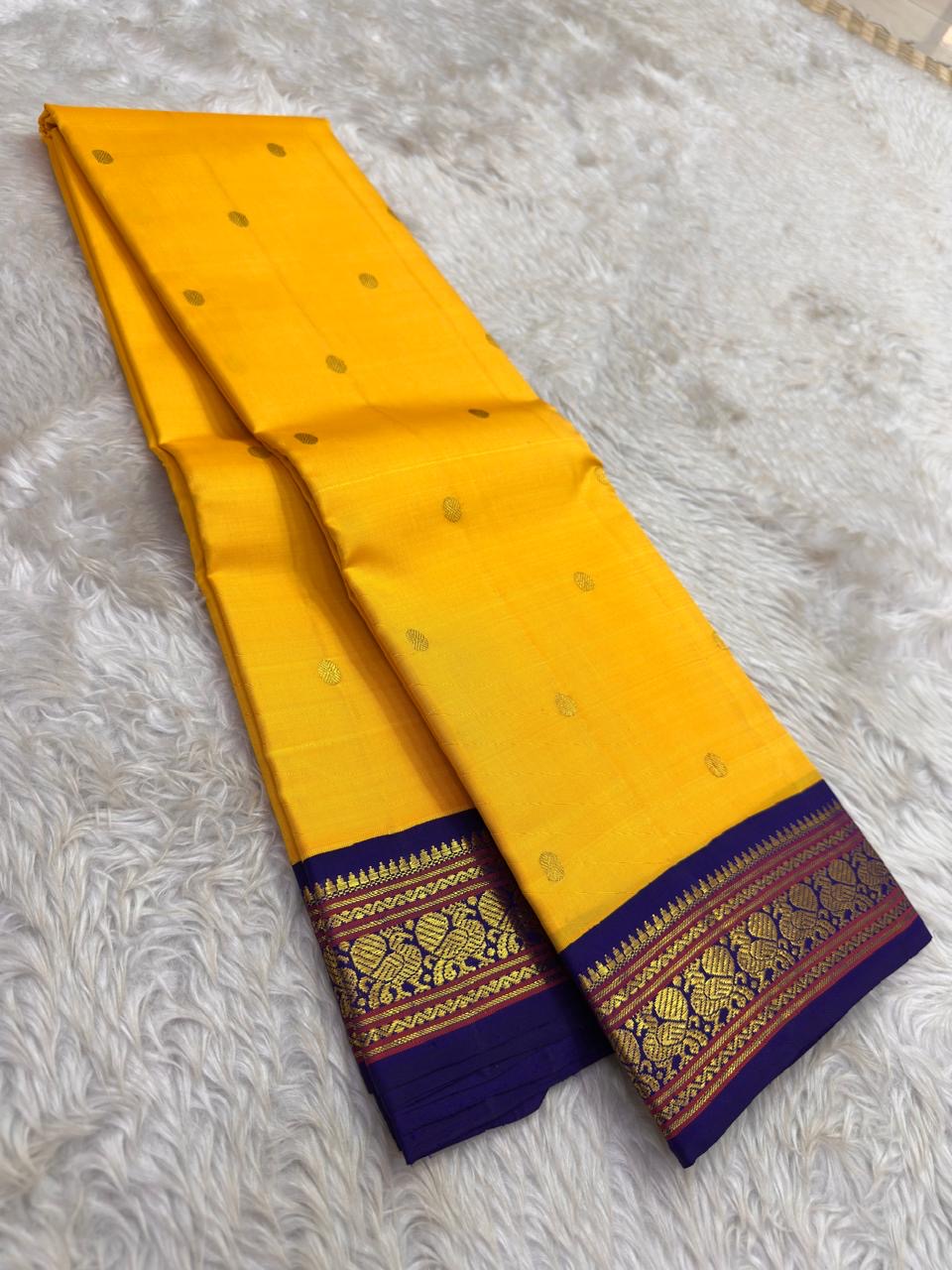 Canary Yellow and Violet Korvai Kanchi Pattu Silk Saree with Maanga Butta and Yaanai Border