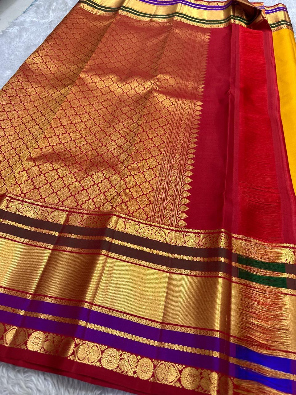 Red pallu with dense gold zari woven pattern and gold border, shipped from New Jersey USA.