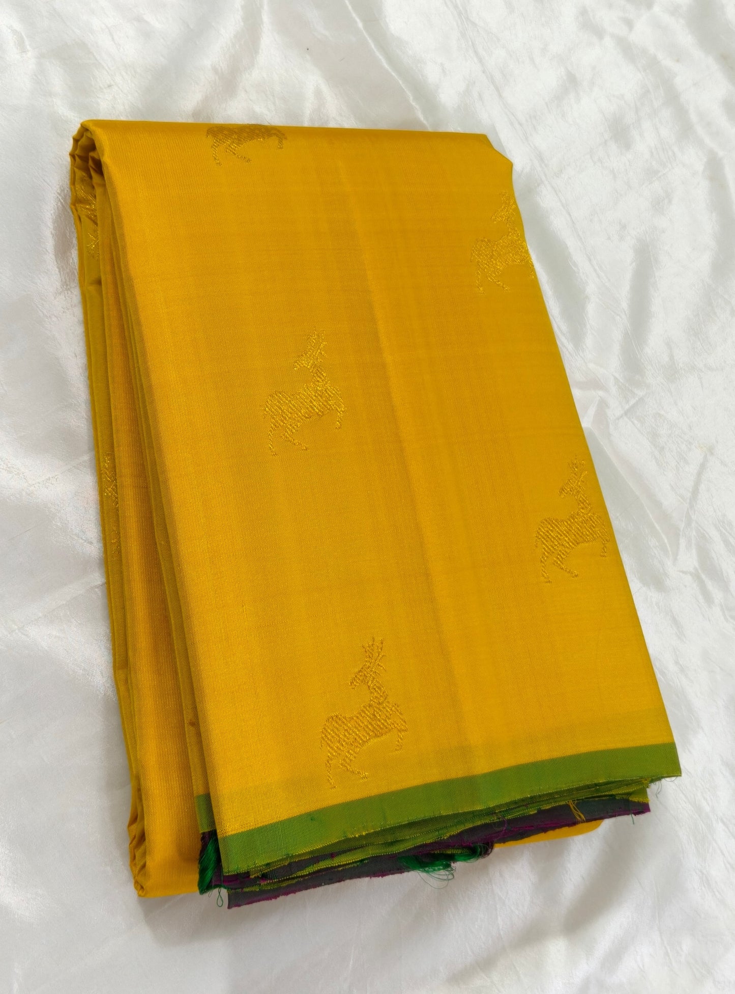 Yellow and Purple Handwoven Pure Silk Kanchipuram Saree with Deer Butta Motifs