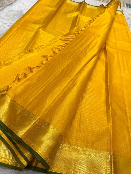 Yellow Zari Kattam pure silk Kanjivaram saree with antique gold zari border — full overview, Idam Living