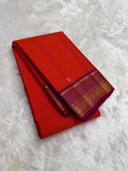Marigold Orange and Temple Purple Handwoven Lightweight Pure Silk Kanchi Pattu Saree: view 2