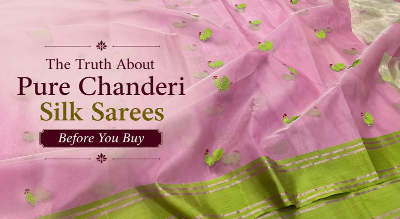 Pure silk Chanderi saree in blush pink with lime green border, featuring vintage-inspired chidiya buttas and handwoven detailing. The Truth About Pure Chanderi Silk Sarees Before You Buy. Available in the USA