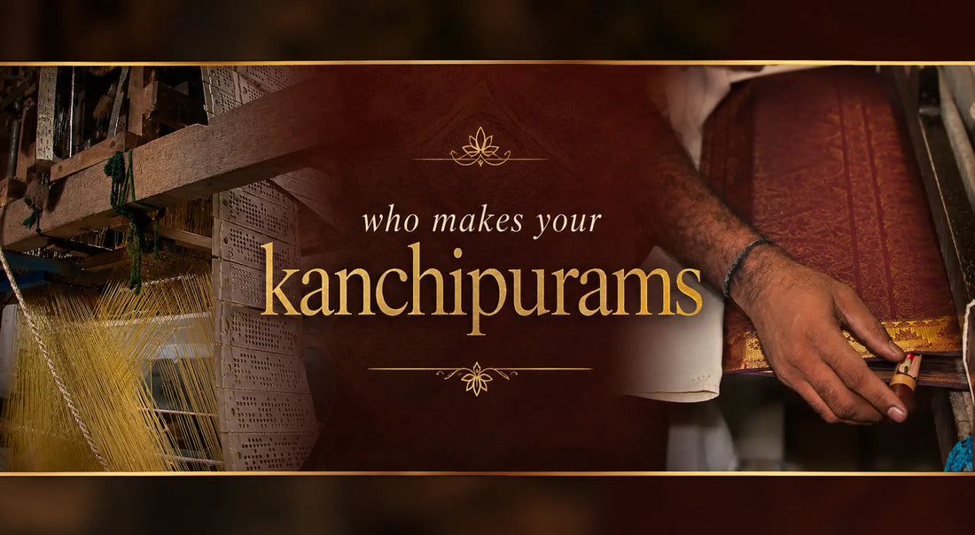 Traditional Kanchipuram silk saree handloom in Kanchipuram, Tamil Nadu, showing warp threads, jacquard cards, and weaving craftsmanship. Who Makes Your Kanchipurams? Available in the USA.