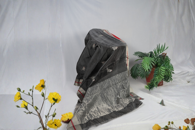 Pure silk Chanderi saree in black with zari border and elegant traditional drape