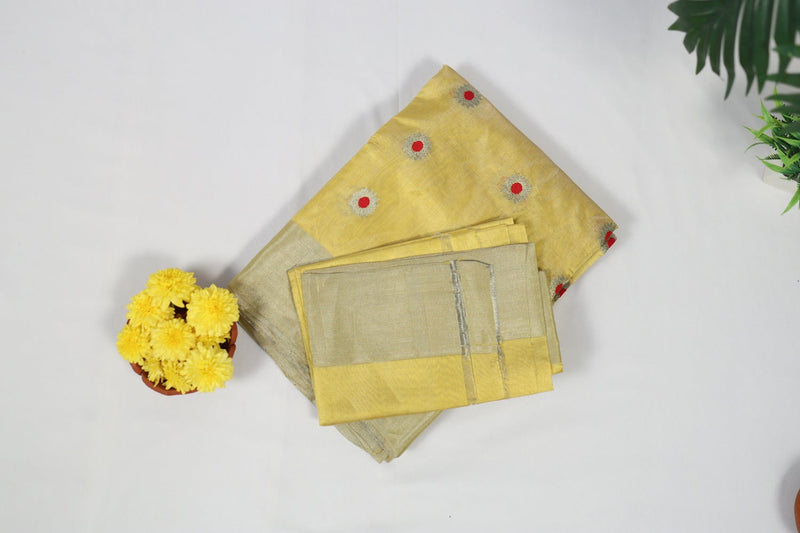 Pure silk Chanderi saree in yellow with delicate motifs and lightweight elegant design