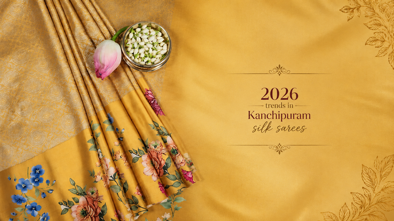 Blog banner showing a golden Kanchipuram silk saree with floral styling and the text “2026 Trends in Kanchipuram Silk Sarees.”