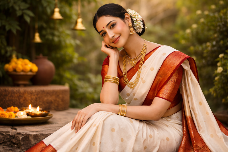 Elegant woman wearing a cream and red Kanchipuram silk saree with gold zari border, styled with traditional jewelry in a festive setting