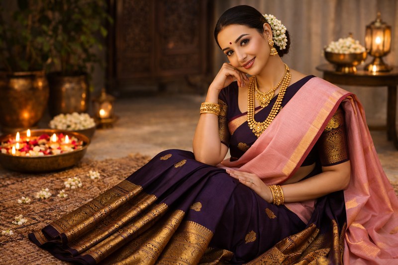 Woman wearing a purple and pink Kanjeevaram silk saree with intricate gold zari work, styled with traditional jewelry in an elegant festive setting