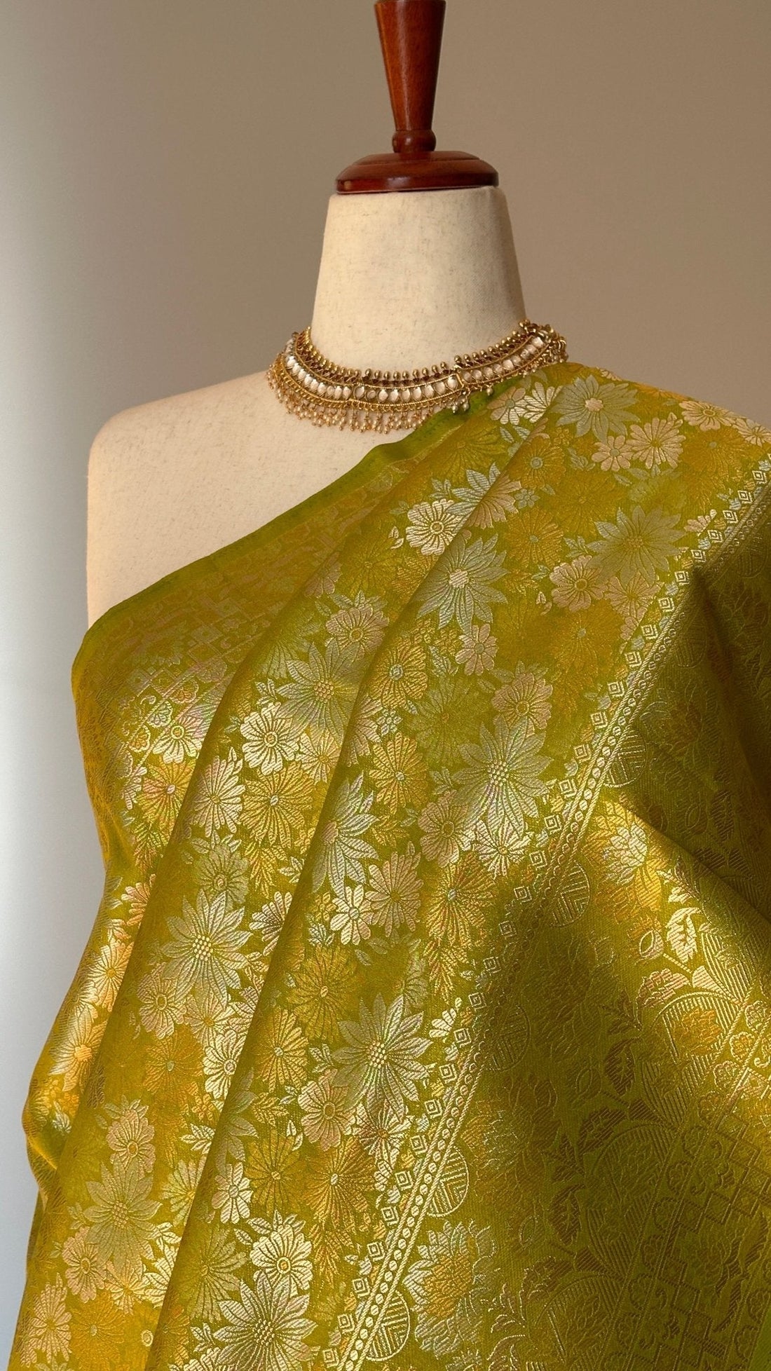 Leaf green Banarasi Katan soft silk saree with raw mango weave — Idam Living