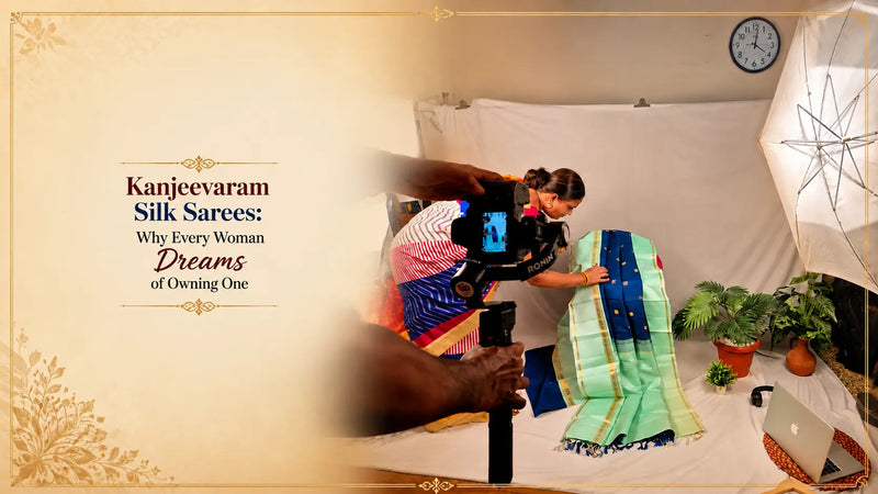 Blog banner showing a Kanjeevaram silk saree styling setup with the text “Kanjeevaram Silk Sarees: Why Every Woman Dreams of Owning One.”