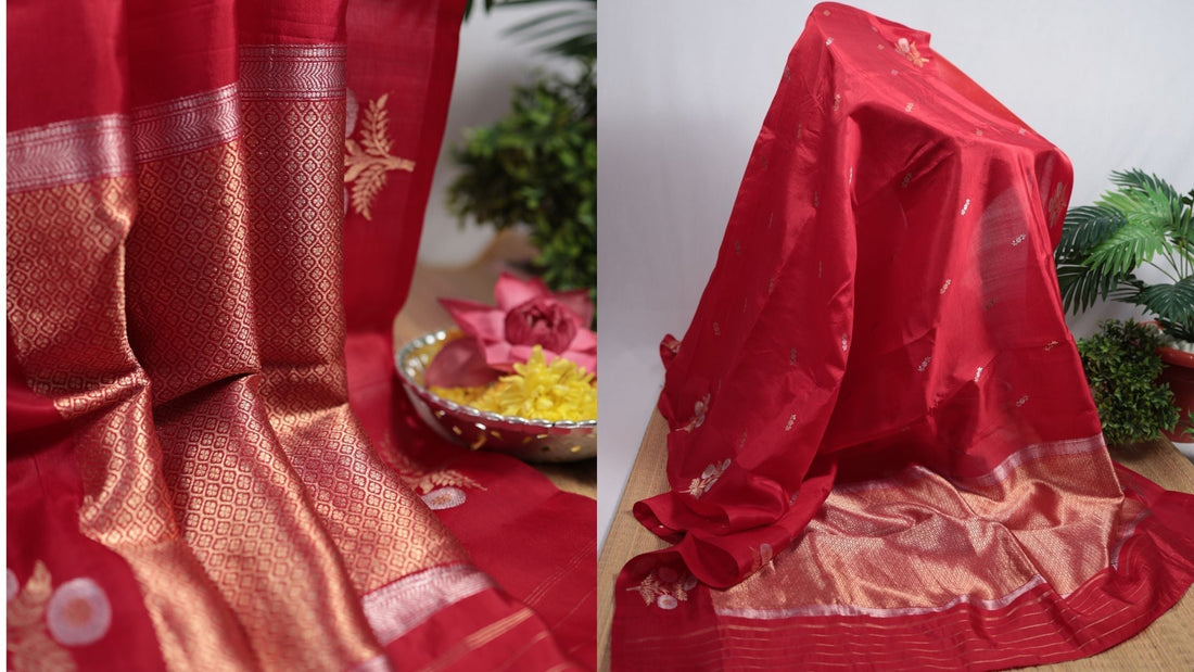 Red Banarasi Silk Saree with gold zari work for Indian wedding celebrations