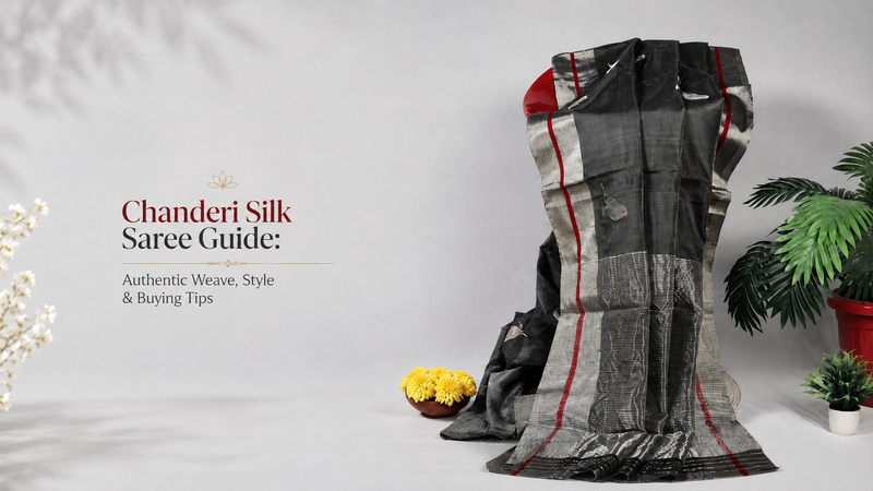Chanderi Silk Saree Guide blog banner featuring a charcoal grey Chanderi saree with silver borders, red accent lines, and authentic weave styling tips.