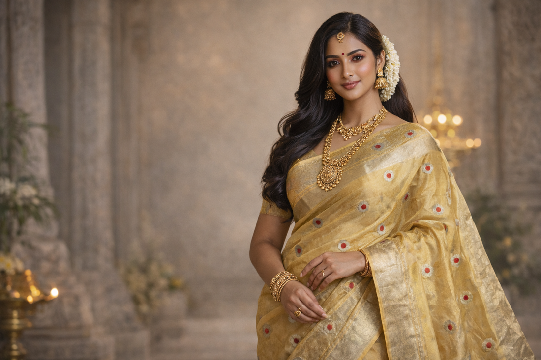 South Indian woman wearing a golden yellow Chanderi silk saree with traditional zari border and floral motifs