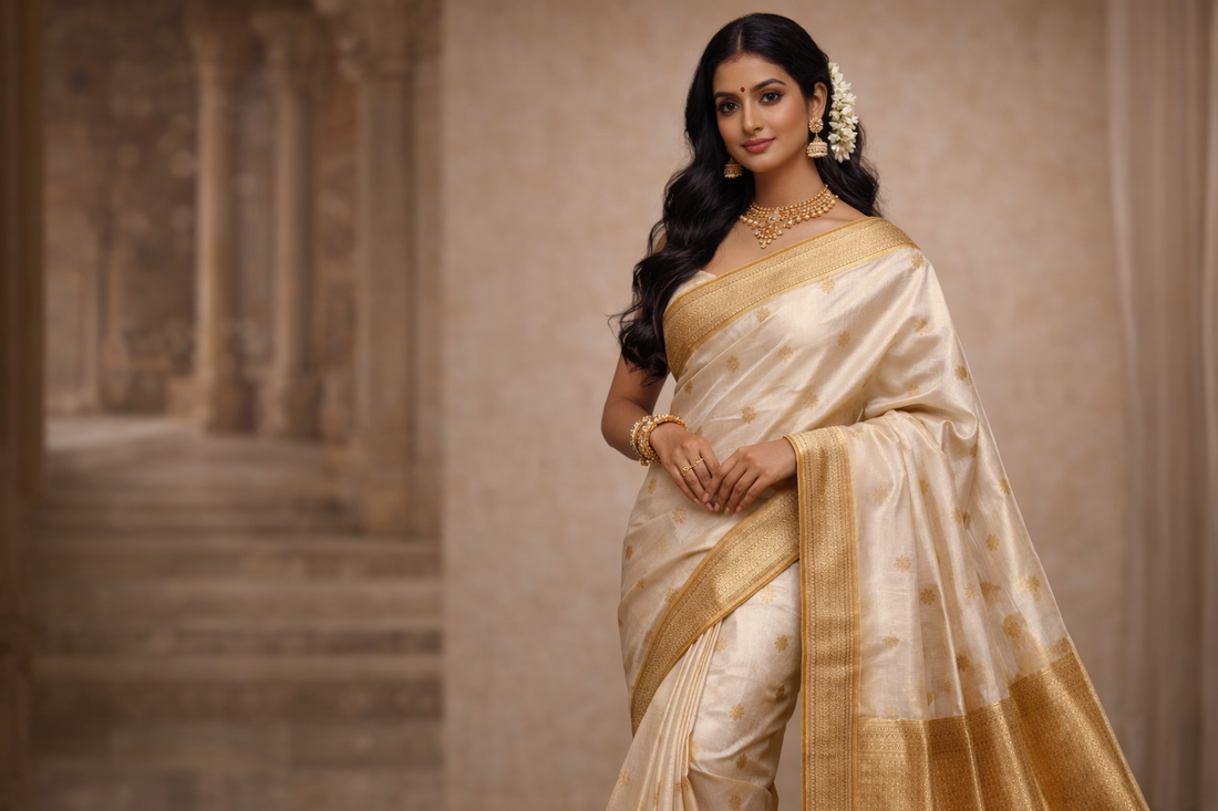 A graceful Chanderi silk saree in ivory with antique gold zari motifs and border, crafted for women who appreciate heritage and refined style.