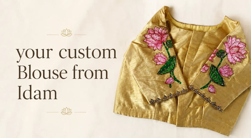 Custom made hand embroidered gold silk blouse with pink lotus floral embroidery by Idam Living