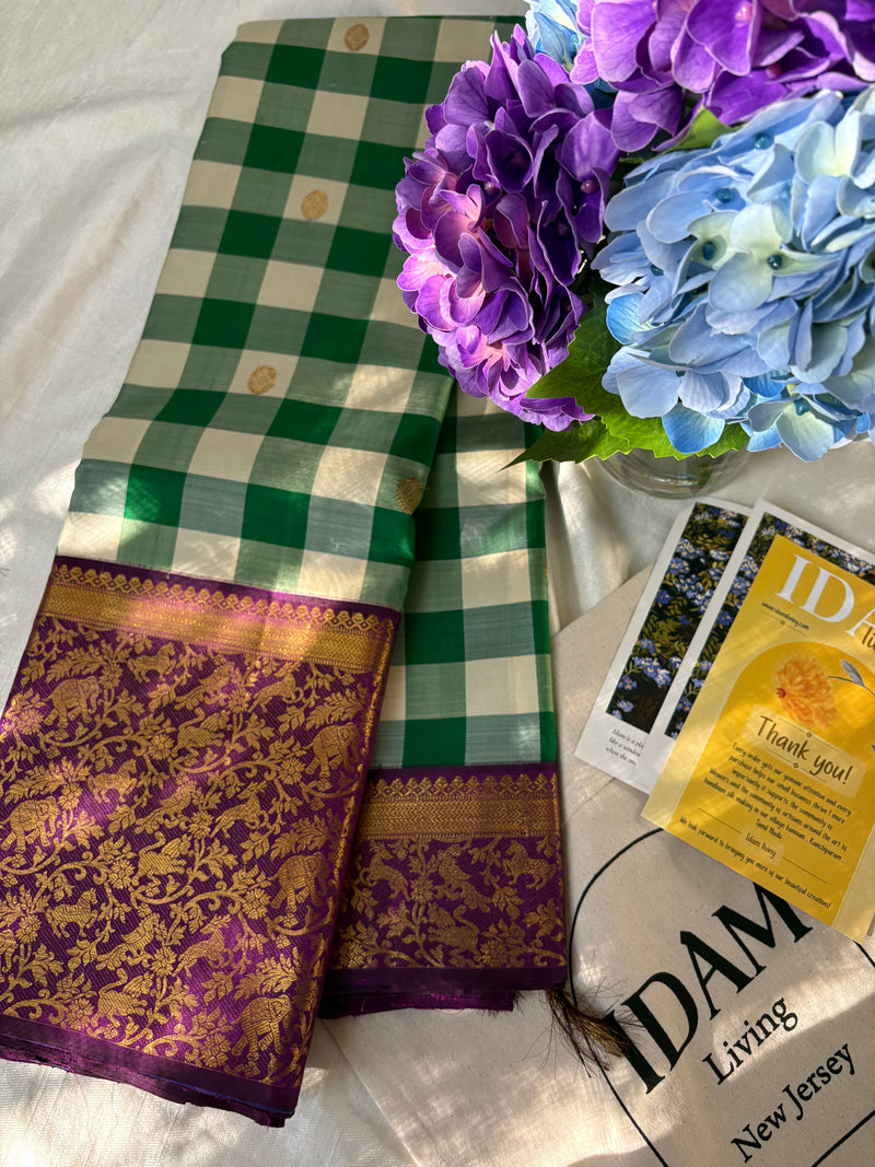 Green and cream checked Kanchipuram pure silk saree with purple elephant zari border — Idam Living