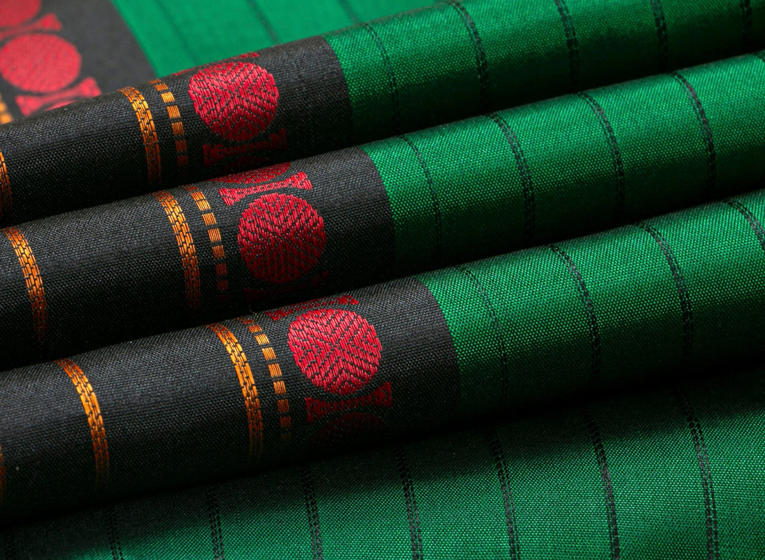 Handwoven pure silk Pattupet no-zari Kanchipuram saree with coloured silk thread butta motifs woven by master weavers in Tamil Nadu