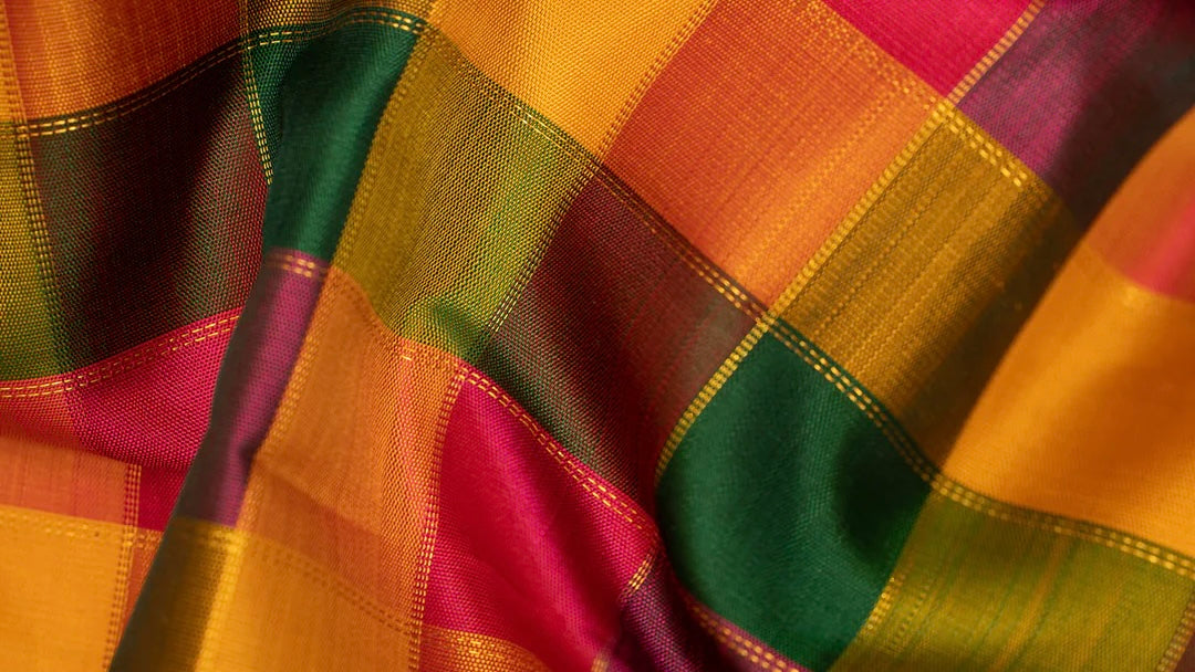 Paalum Pazhamum Kanchipuram silk saree with vibrant multicolour checks