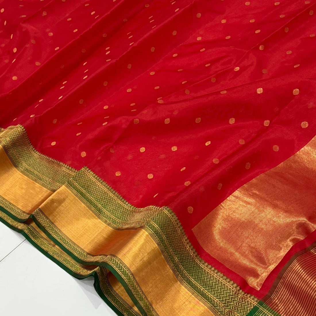Red handwoven Katan Silk Chanderi saree with gold butti and green chevron border — Idam Living