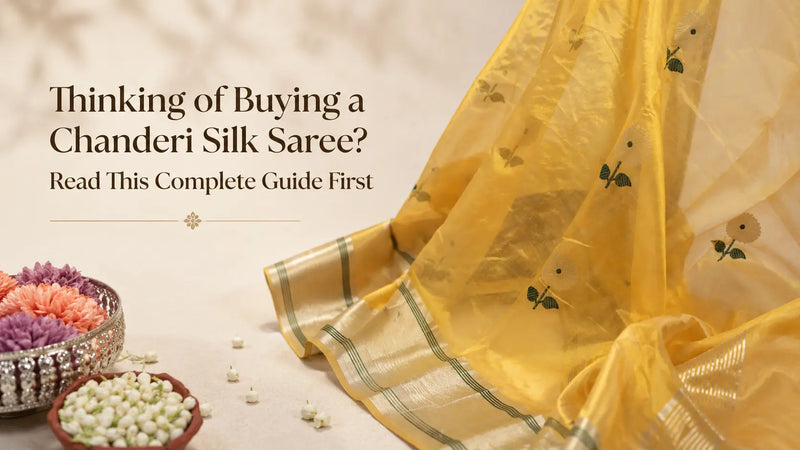 Blog banner showing a yellow Chanderi silk saree with delicate motifs and silver border, created for a complete Chanderi silk saree buying guide.