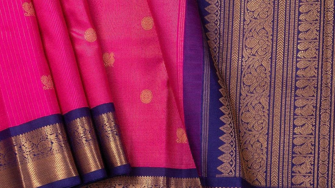 Handwoven pure silk Kanchipuram saree featuring Vairaoosi all-over fine needle-like zari shimmer woven by master weavers in Tamil Nadu