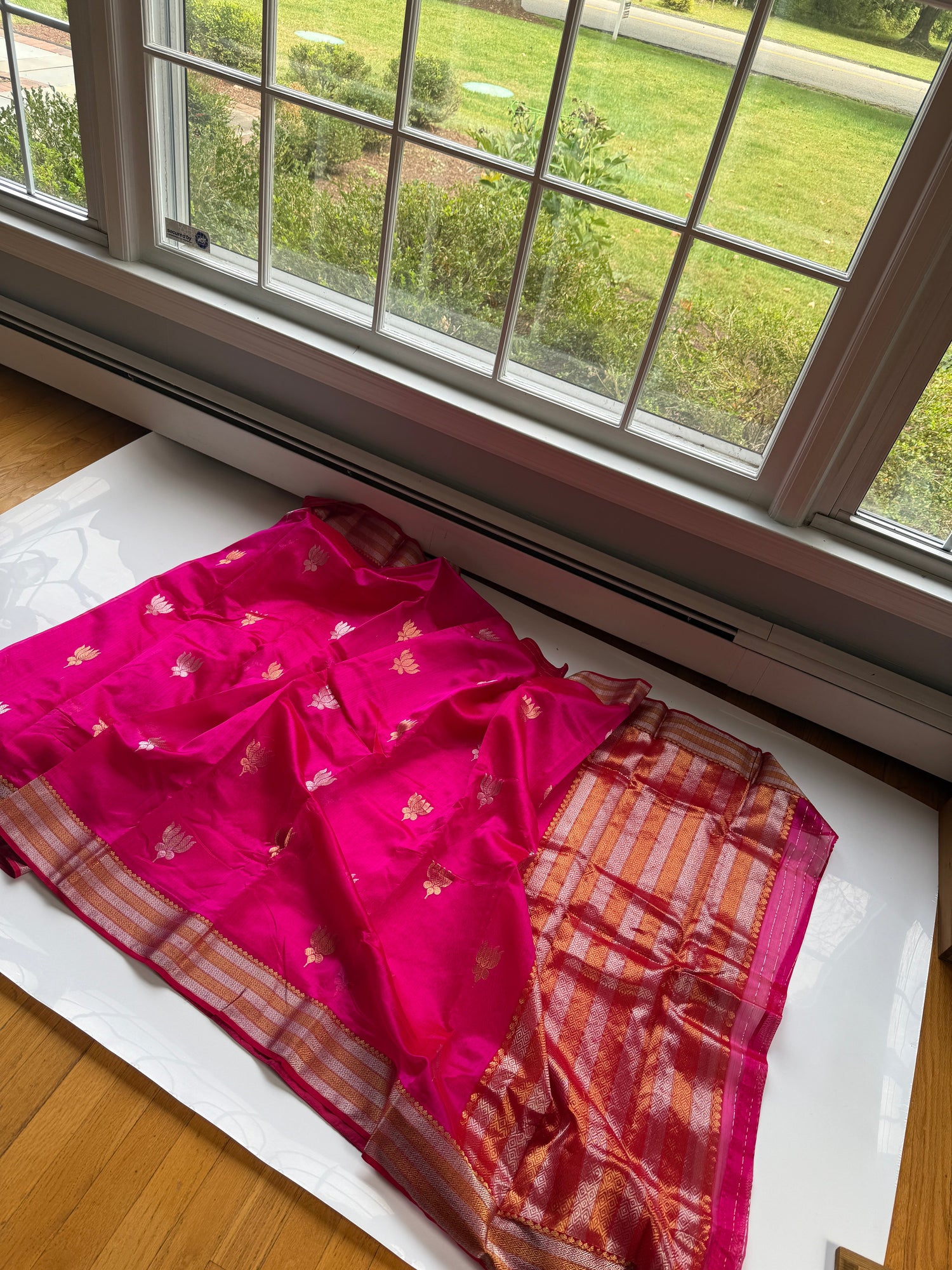 Pure silk Chanderi saree in vibrant pink with gold buttas and zari border displayed in natural window light