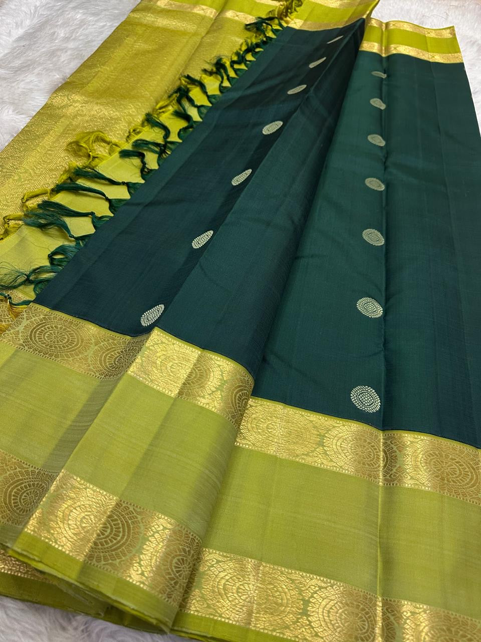 Peacock teal handwoven pure silk Kanchipuram saree overview — Idam Living