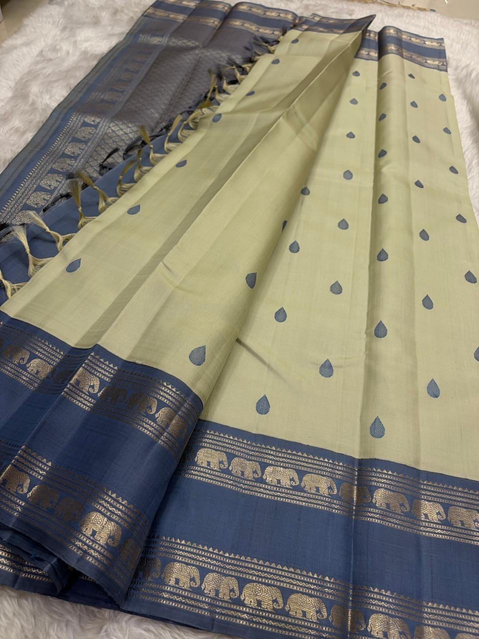Sage green handwoven pure silk Kancheepuram saree overview — Idam Living