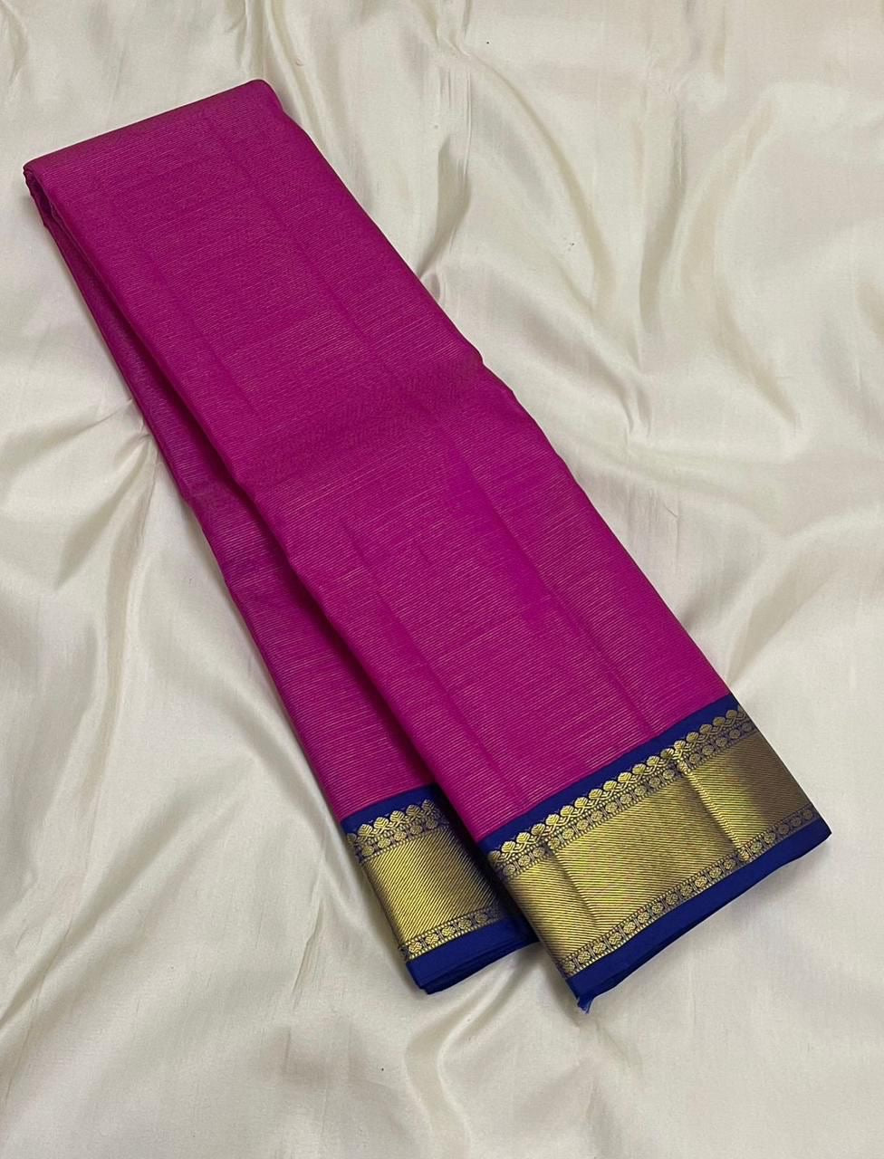 Pink Vairaoosi pure Kanchipuram silk saree with royal blue border and traditional gold zari