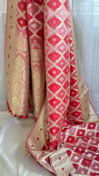 Pink and red banarasi saree set