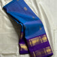 Azure Blue Purple Horizon – Neelam blue body with royal-purple korvai borders  Pure Kanchipuram silk • manga (paisley) buttas + fine pin-stripes  Opulent purple brocade pallu • contrast blouse with zari border  Silk Mark Certified | Fall & Pico Done |