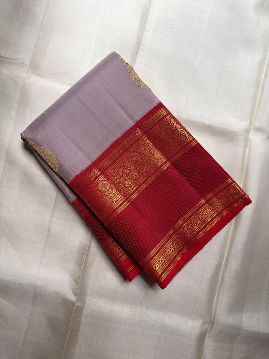 Dusty Lilac Handwoven Pure Silk Kanjivaram Saree with Red Gold Floral Rettapet Border