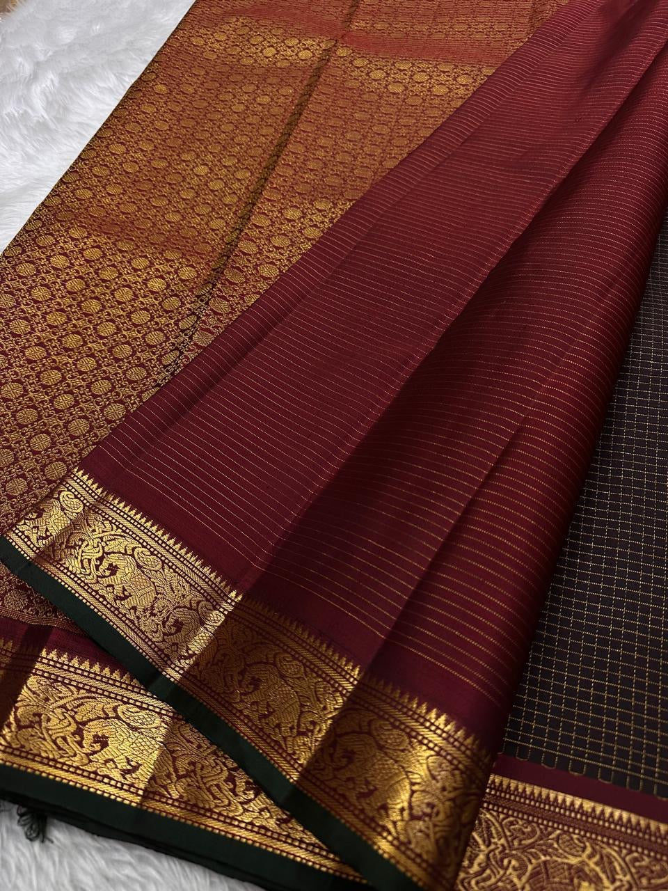Deep brown pure Kanchipuram silk saree with zari kattam gold checks and maroon green border
