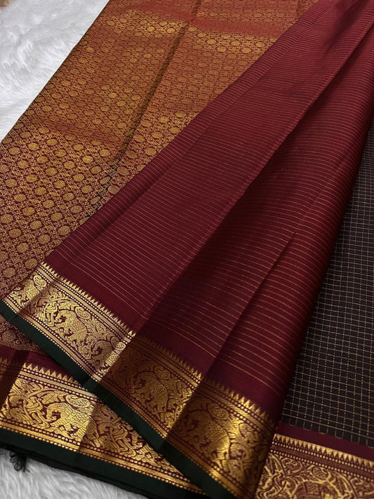 Deep brown pure Kanchipuram silk saree with zari kattam gold checks and maroon green border