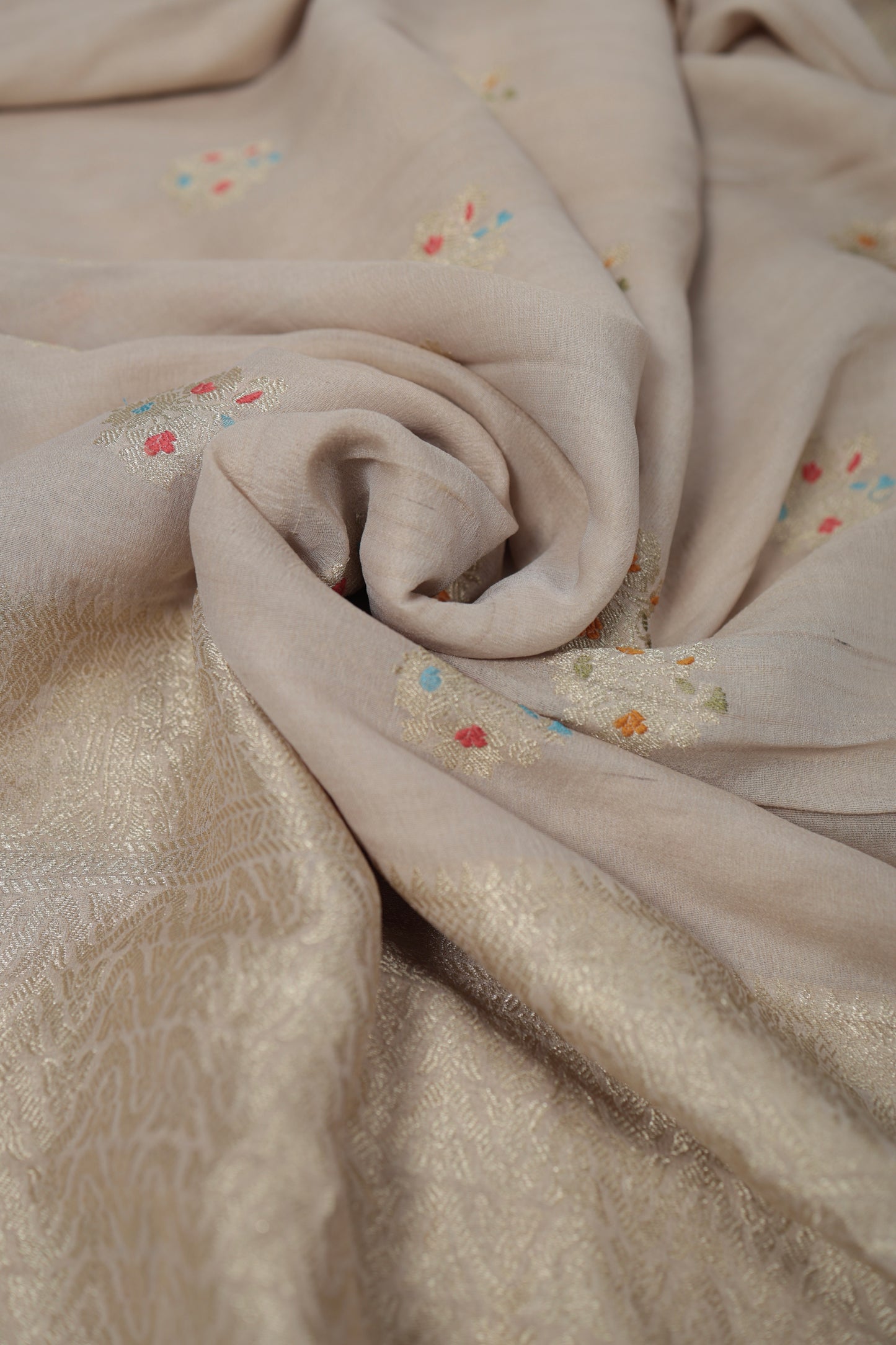 Celebration-ready golden beige Banarasi silk saree ensemble